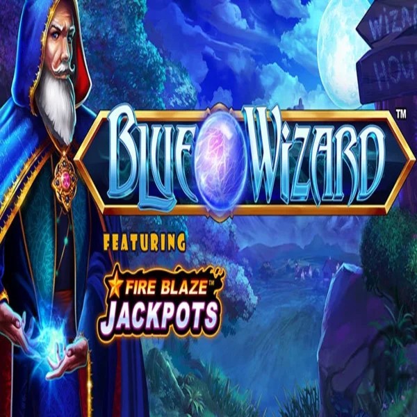 Blue Wizard Fire Blaze Jackpots online game logo by Rarestone Gaming on arenamens.com